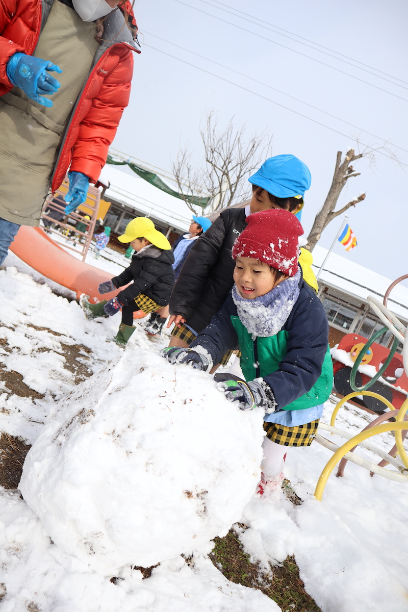 雪の日の園庭で、大きな雪のかたまりをみんなでころがす子どもたち