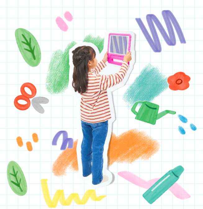 タブレットを持った子どもと、絵の具やクレヨンで描かれた模様のイラスト